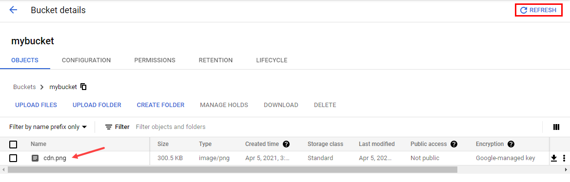 refresh button and cdn.png file copied into bucket highlighted