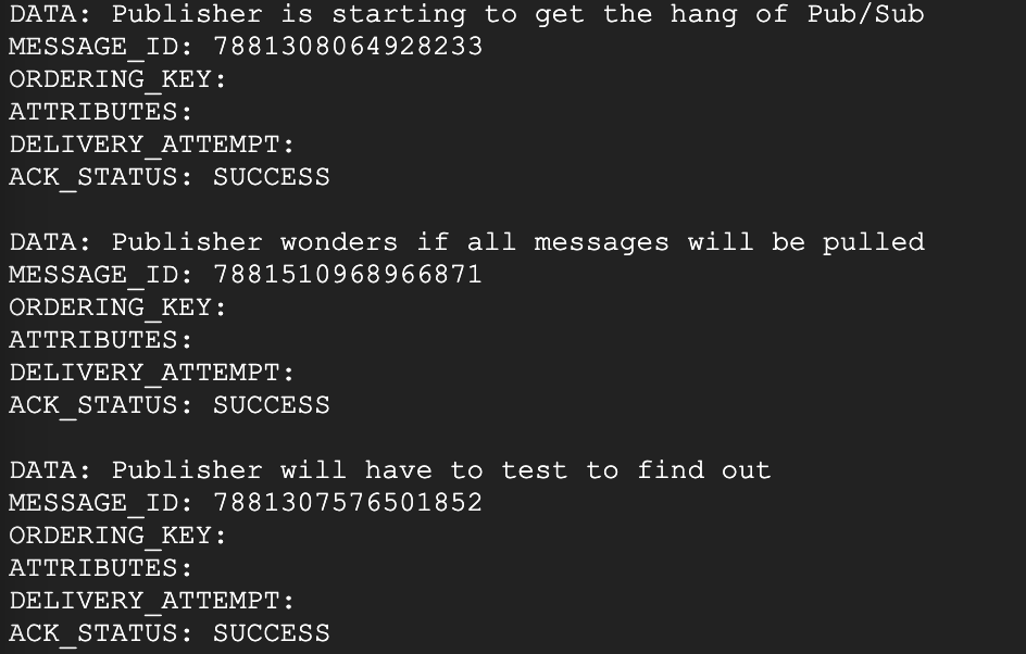 Tabela de três colunas com estes títulos: Data, Message_ID e Attributes. A coluna Data tem três linhas de dados.