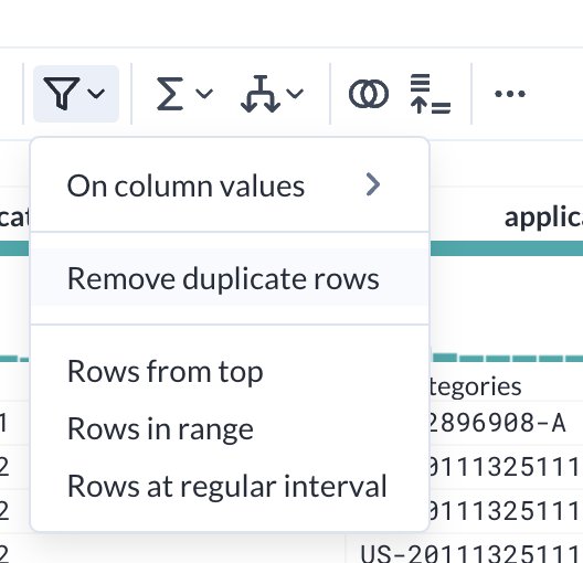 Expanded Filter dropdown menu with Remove duplicate rows option highlighted.