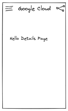 The Google Products title alongside a navigation menu icon and Share icon, as well as the text 'Hello Details Page'