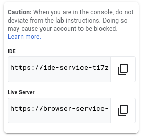 The Lab Details panel displaying the IDE and Live Server links