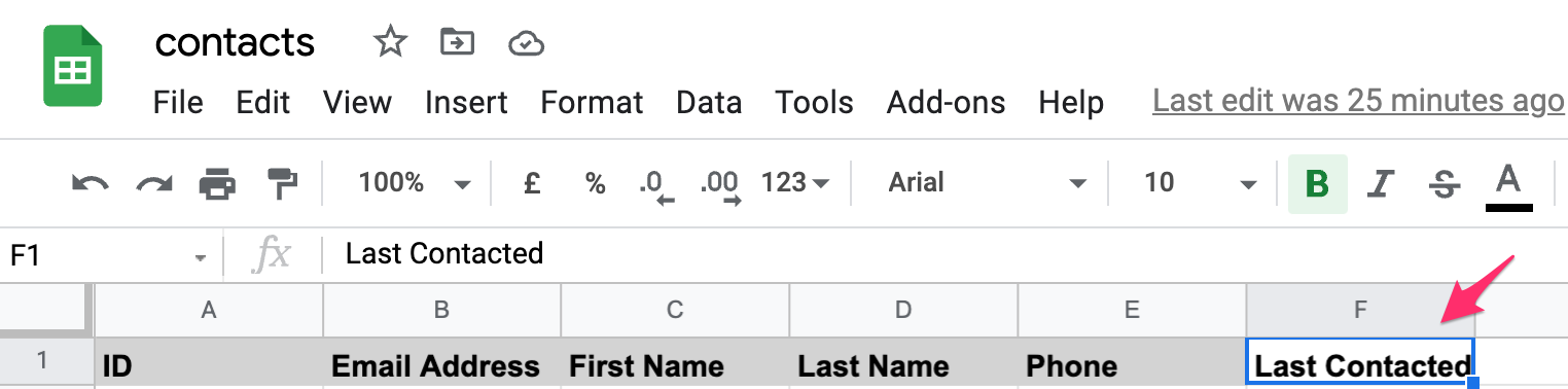 The contacts sheet with the column heading 'Last Contacted' highlighted in column F