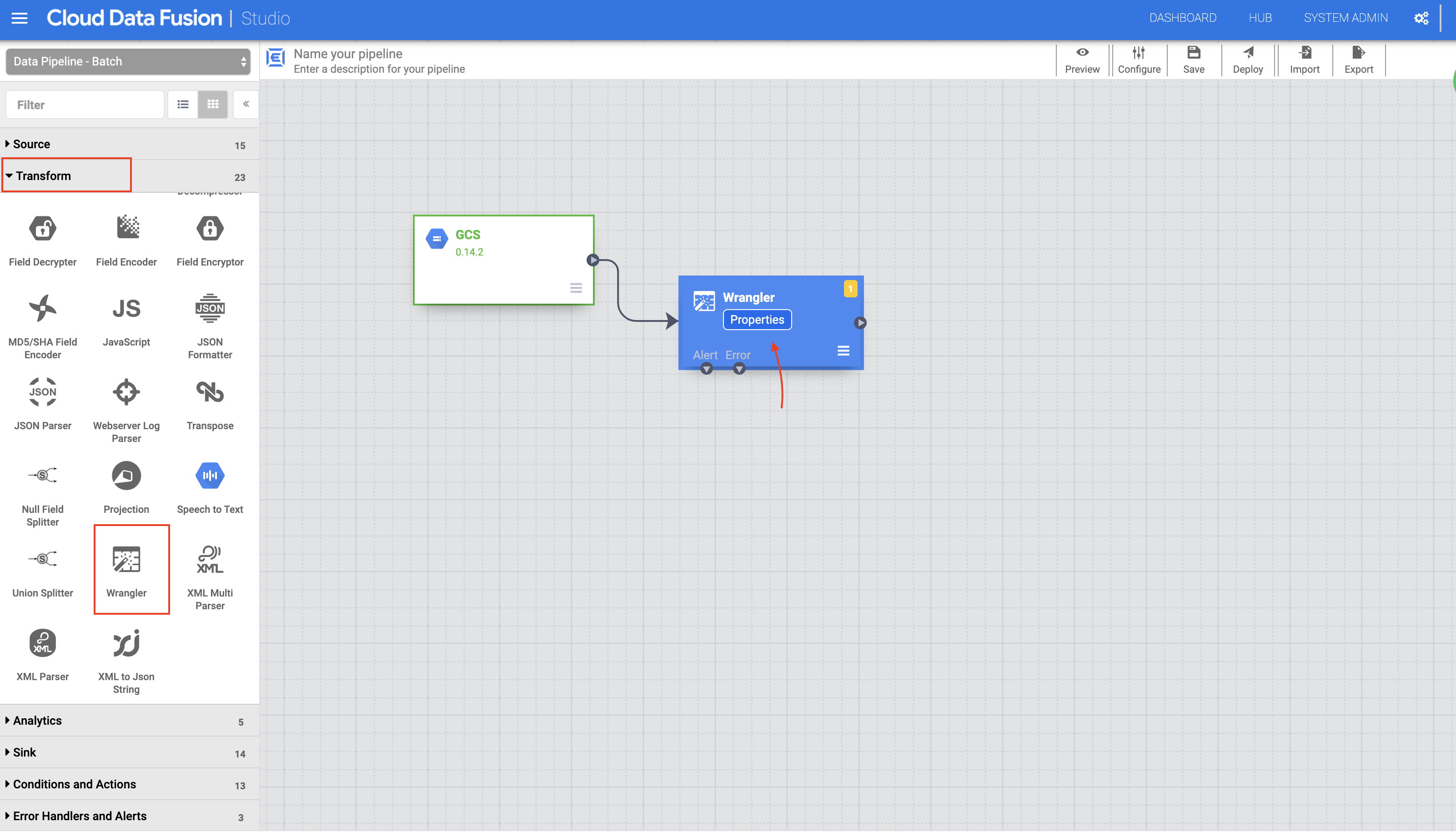 Cloud Storage node and Wrangler nodes
