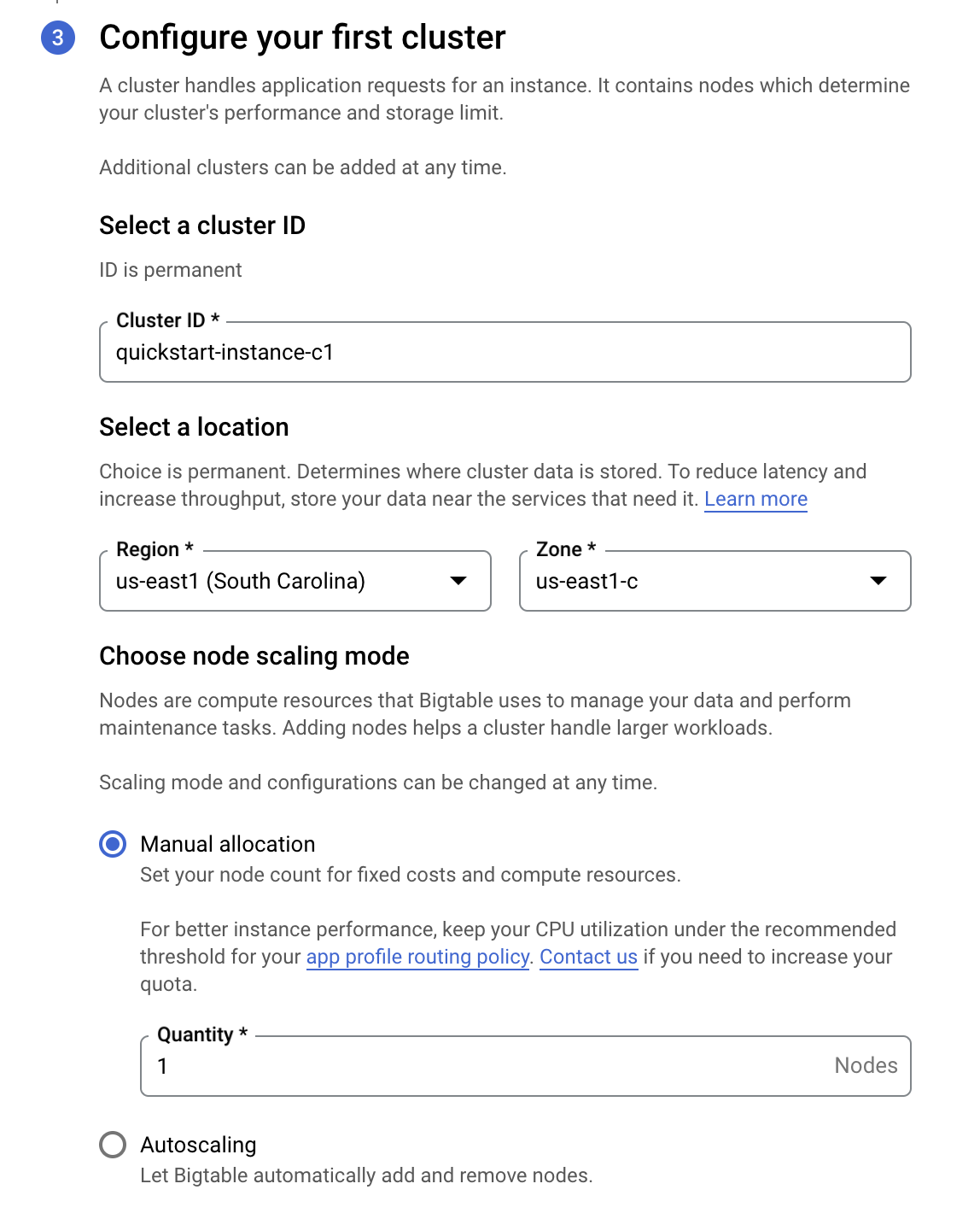 The Create an instance page displaying the values in the Configure your first cluster section