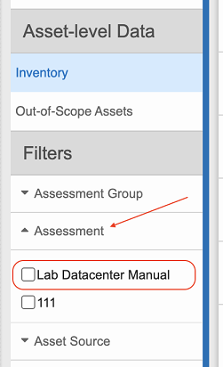 The filters menu, wherein the option Lab Datacenter Manual is highlighted within the Assessment sub-menu.