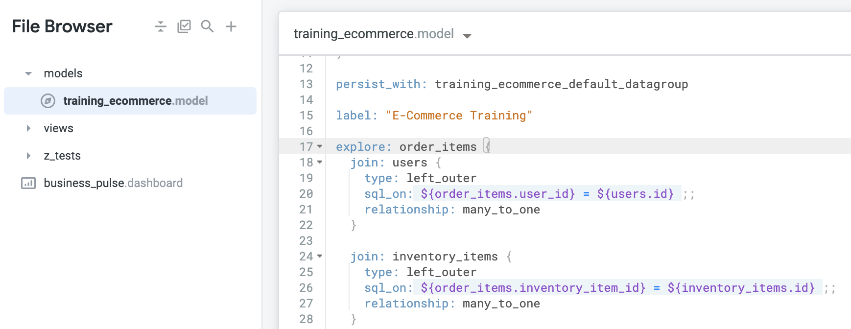 The training_ecommerce.model displaying lines 14 to 28