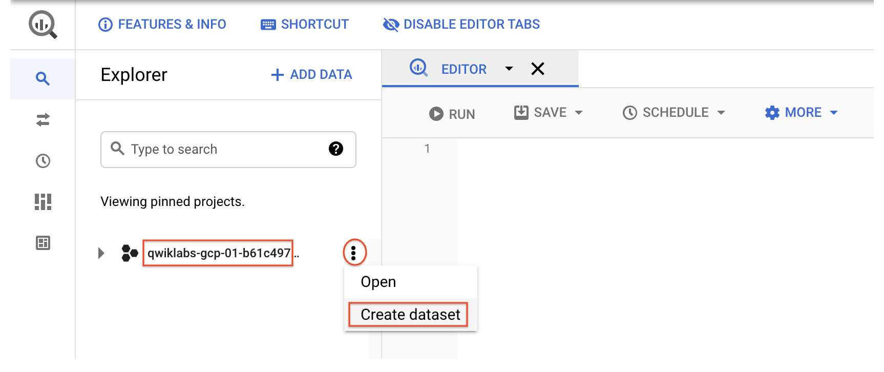 Create dataset option highlighted