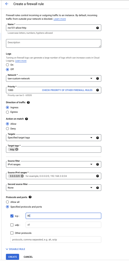 Kotak dialog &quot;Create a firewall rule&quot; yang sudah diisi