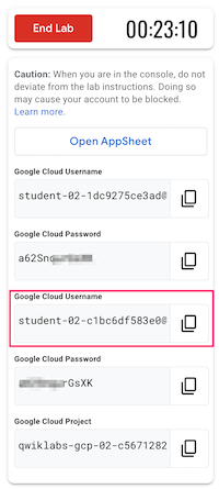 The highlighted Google Cloud Username within the Lab Details panel.