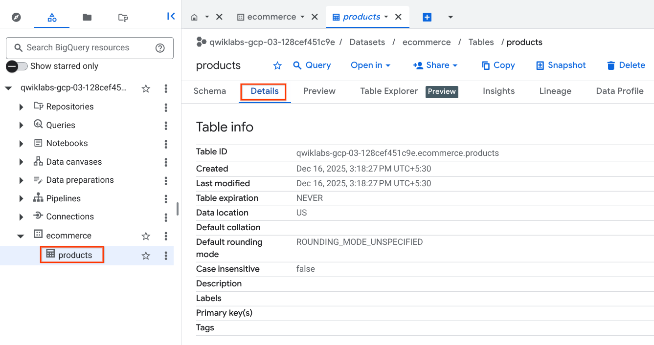 The Details tab for the products table