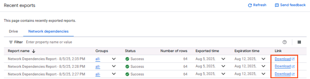 Download Network Dependencies Report in CSV format.