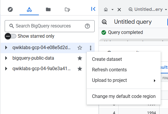 Explorer tab displaying the create dataset menu option
