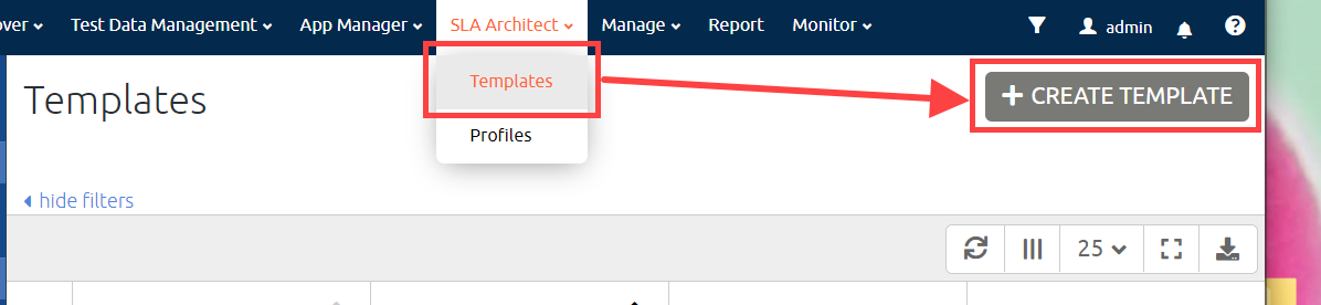 The expanded SLA Architecture menu, wherein the option Template is highlighted along with the Create Template button.