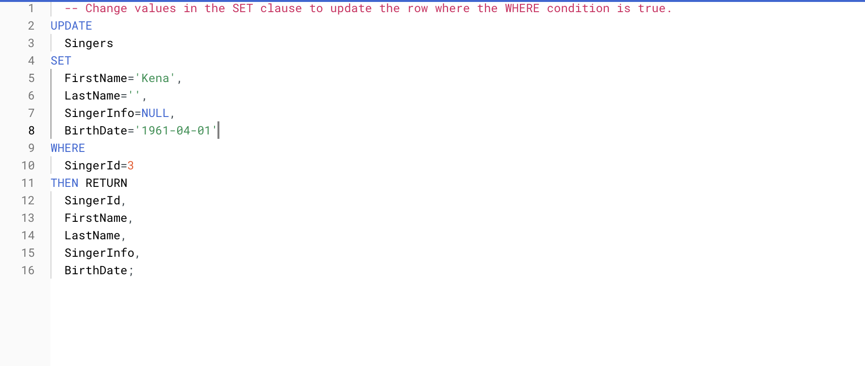 The lines of code in the query dispalying the previously entered values for birth date and singer info