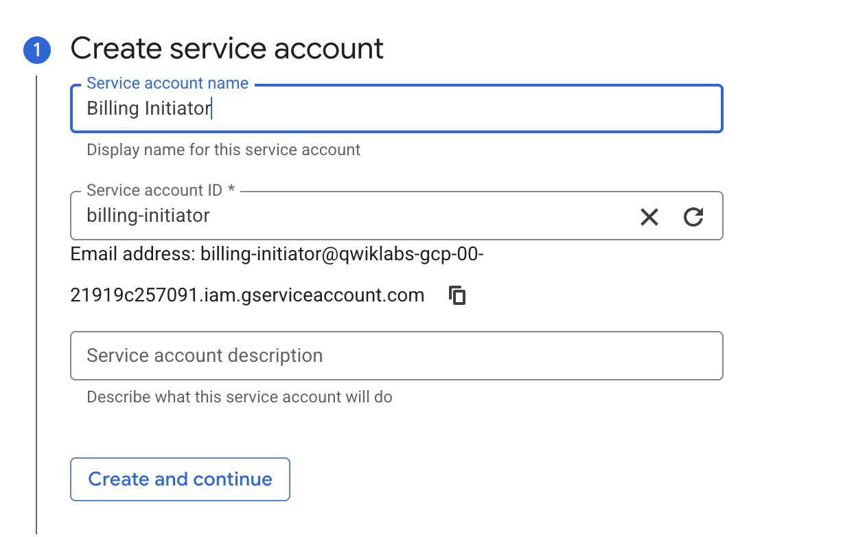Create service account page with the Create and Continue button highlighted.