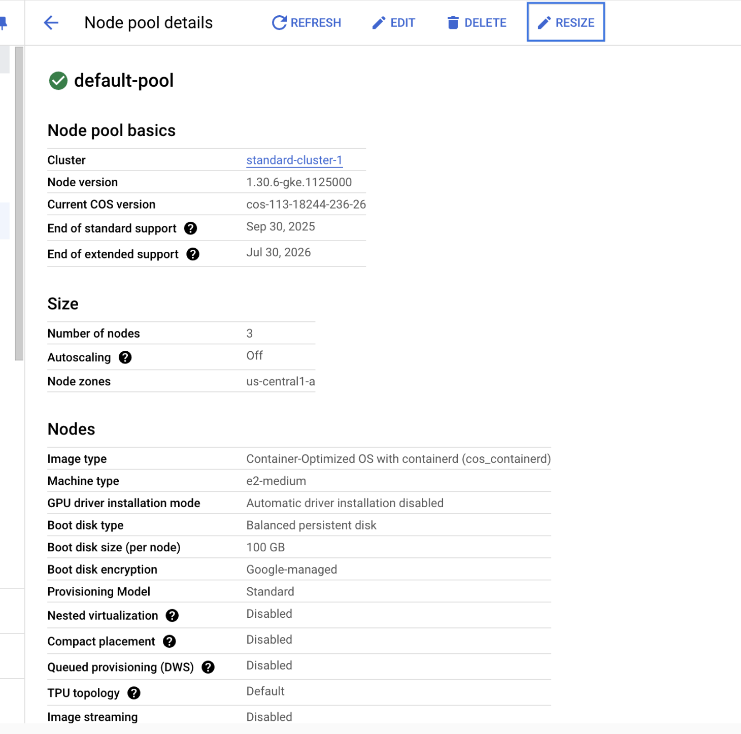Resize button on the Node Pool Details page