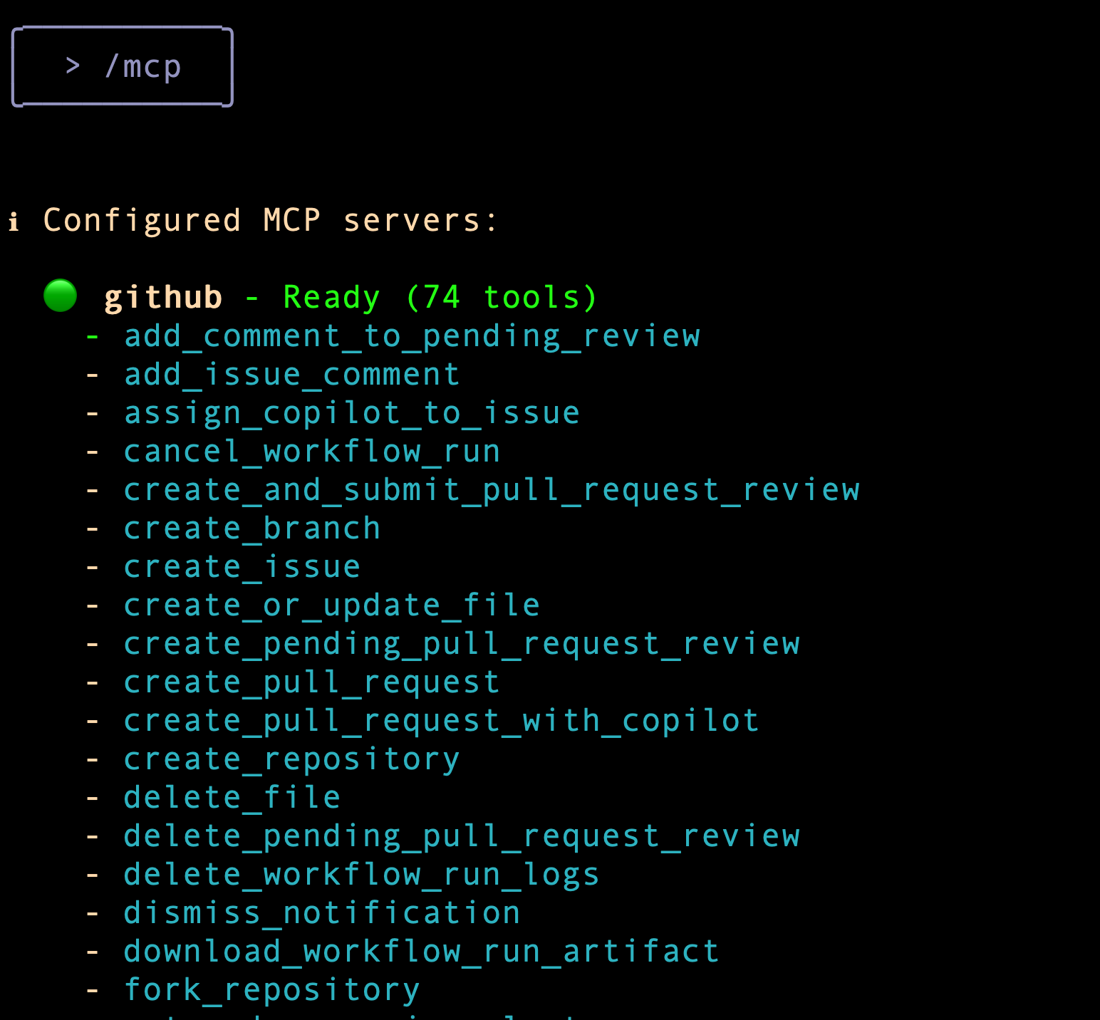 A list of configured MCP servers output