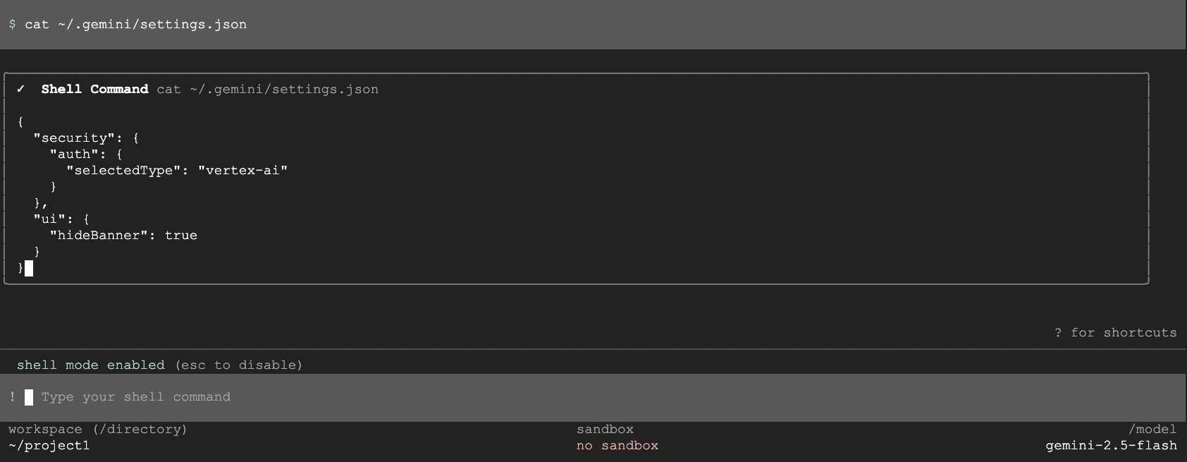 Arrows point at the exclamation point prompt and the "shell mode enabled" indicator.