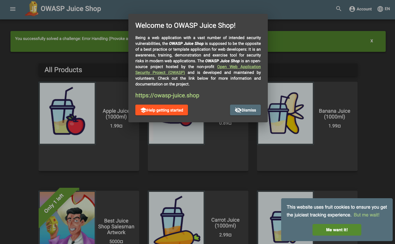 The Welcome to OWASP Juice Shop page