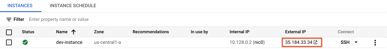 Onglet &quot;Instances&quot; avec l&#39;adresse IP externe &quot;35.184.33.34&quot; encadrée