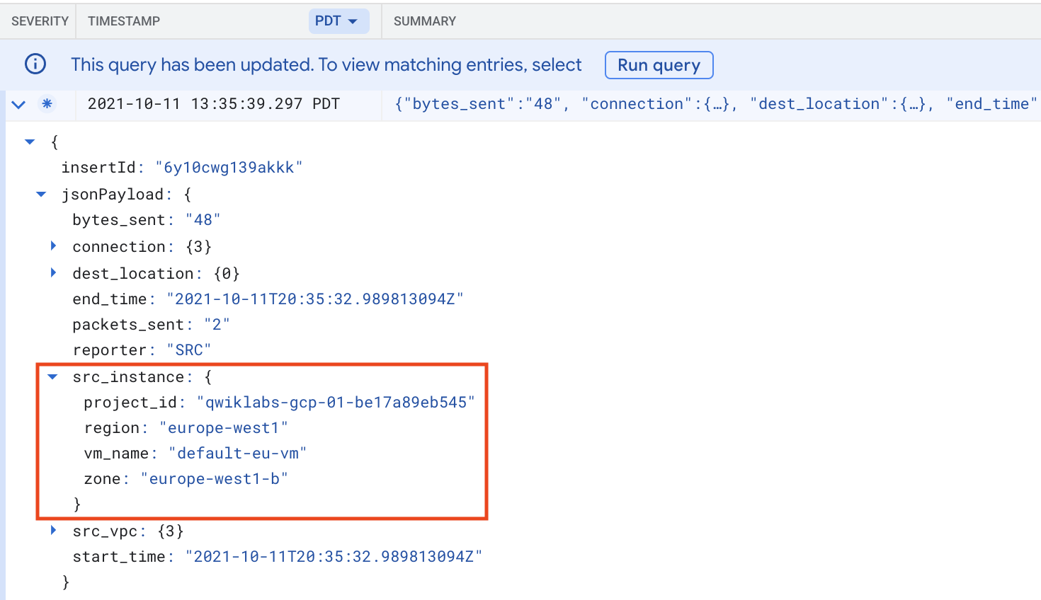 Source location log with VM Instance field
