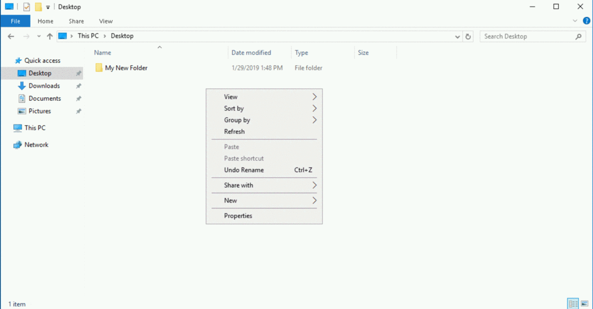 Animated GIF showing the steps to create a new Text Document on the Desktop from File Explorer. Using the right-click / context menu from the Desktop folder, selecting "New" and then selecting "Text Document".