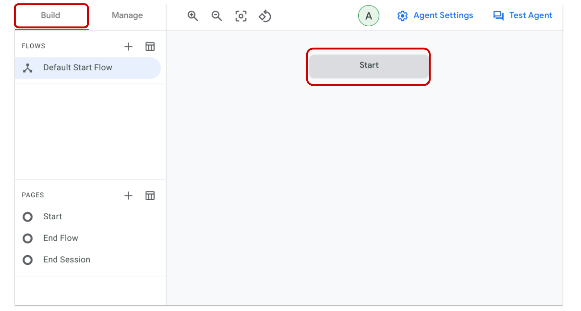 Default Start Flow pagewith Build and Start button highlighted