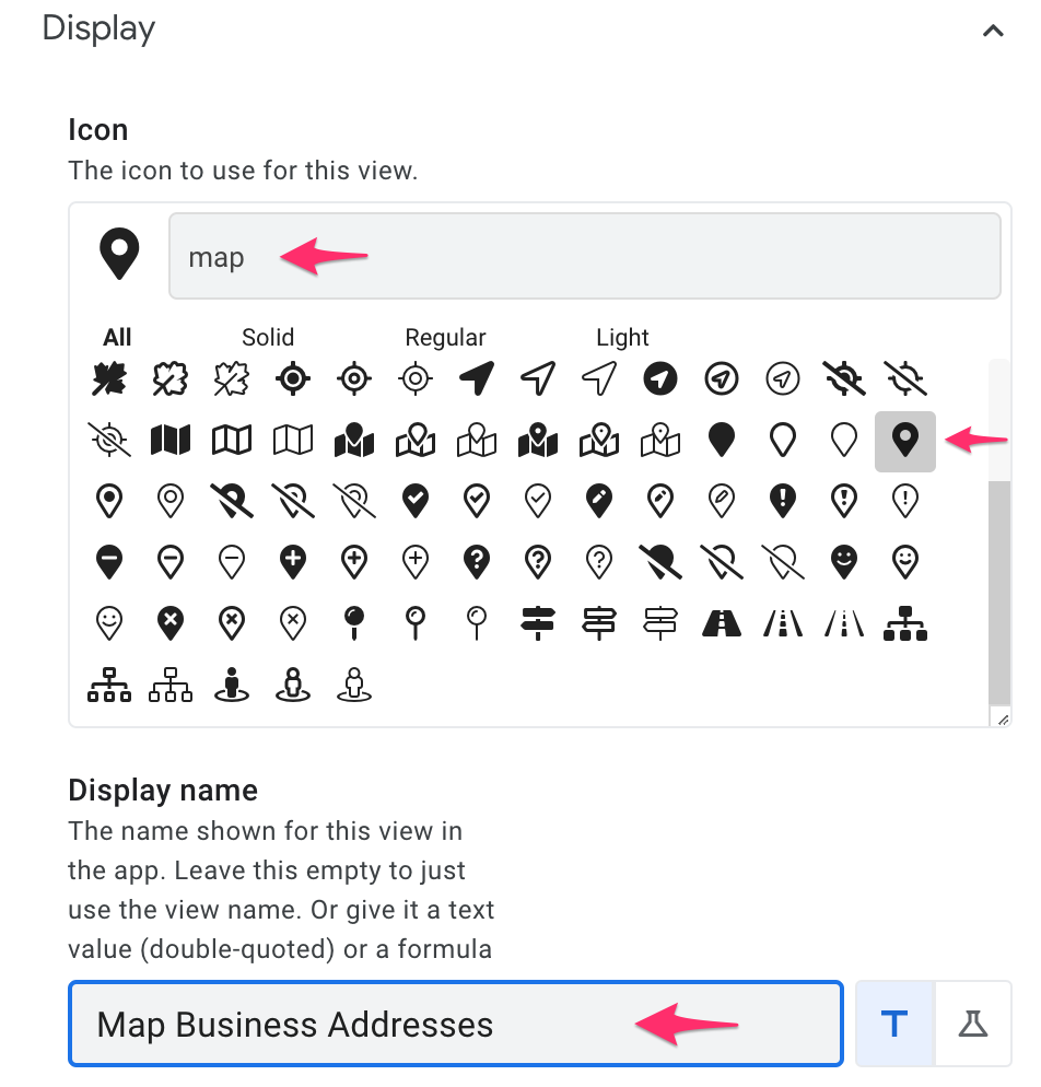 A highlighted map icon in the search result, and Map Business Address in the Display name field.