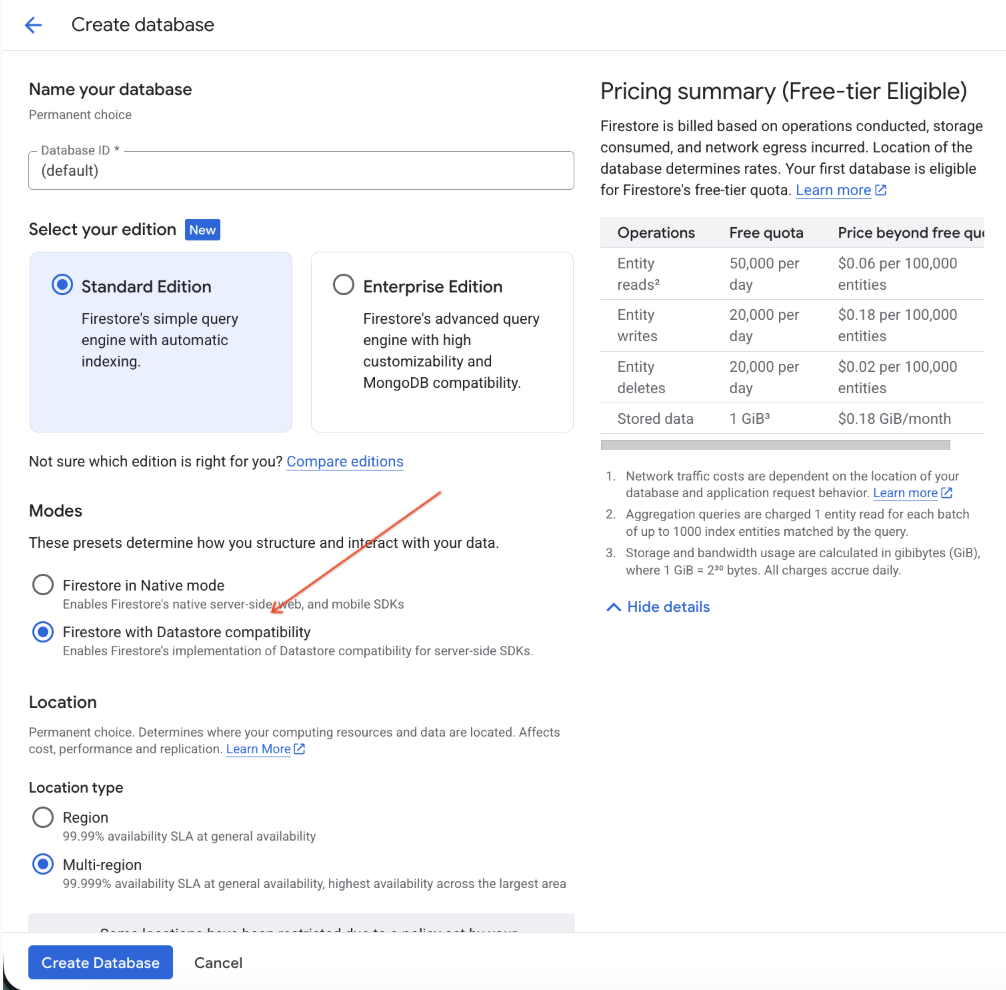 The Select Datastore Mode button highlighted within the Datastore mode category on the Select a database page.