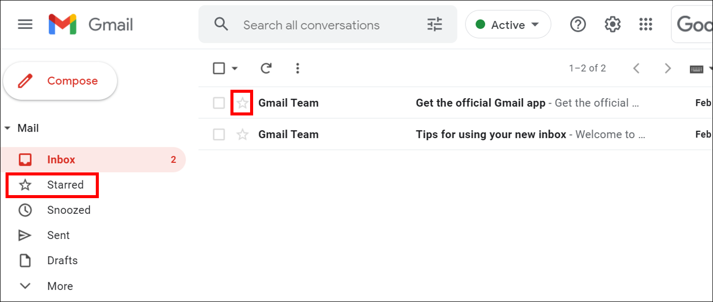 The Starred folder location highlighted in Gmail