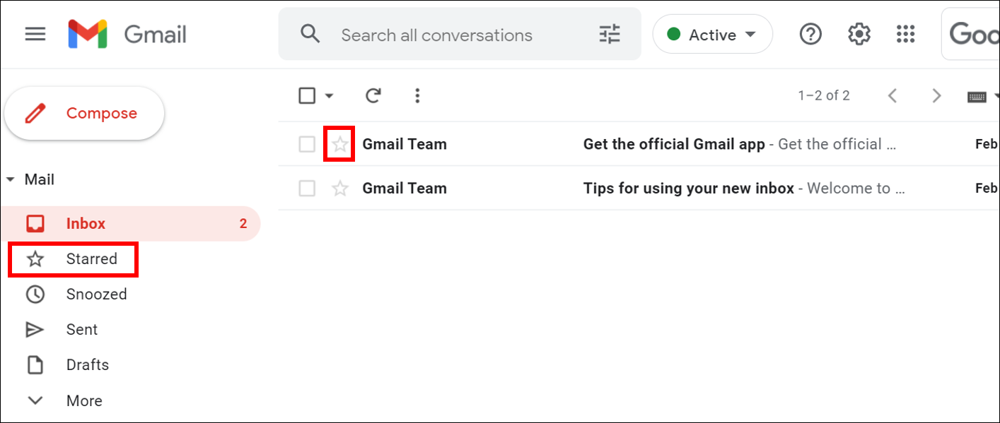 La ubicación de la carpeta Destacados en Gmail