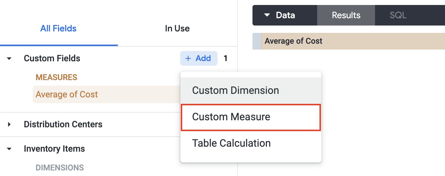 Expanded Add dropdown menu with Custom Measure option highlighted