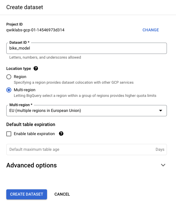 Create dataset dialog