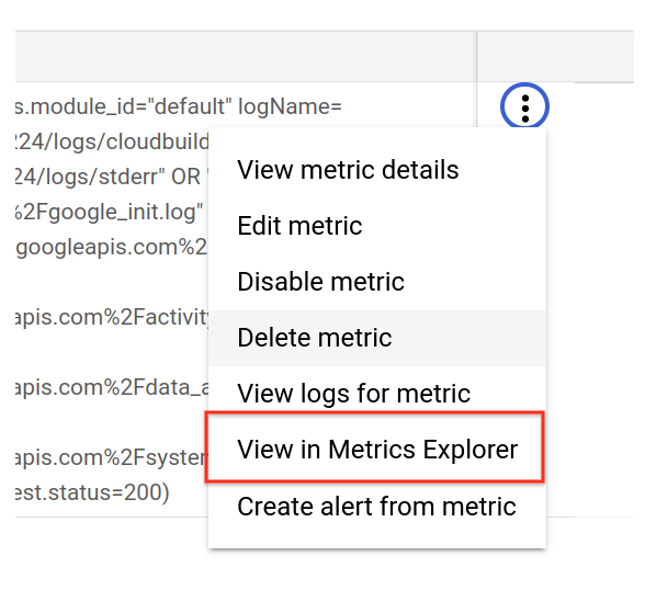 View in Metrics Explorer option highlighted