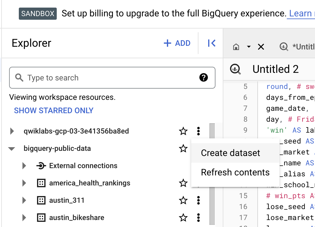 Explorer tab displaying the create dataset menu option