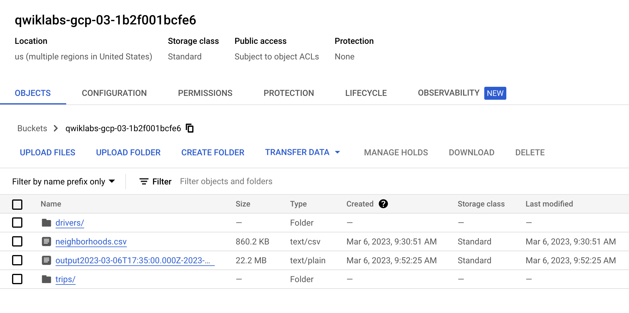 The Objects tabbed page, which includes the two folders; drivers and trips.