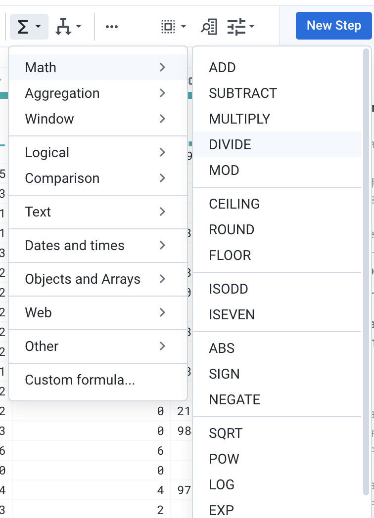 Formula dropdown menu