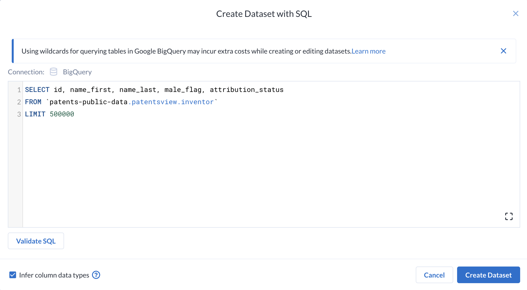 Create Dataset with SQL query dialog box displaying validated SQL statement