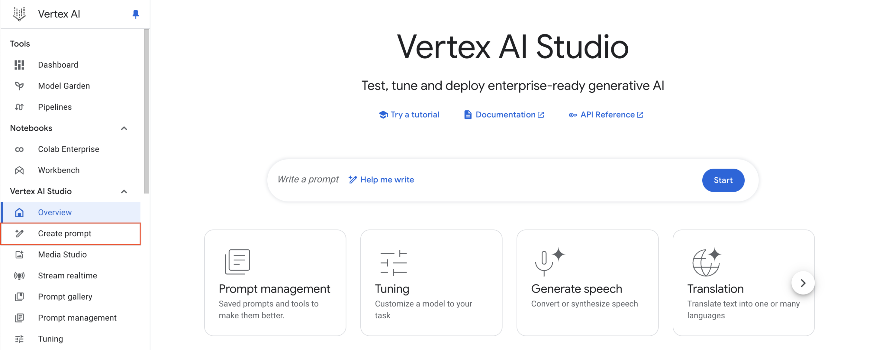 Vertex AI Studio Overview page