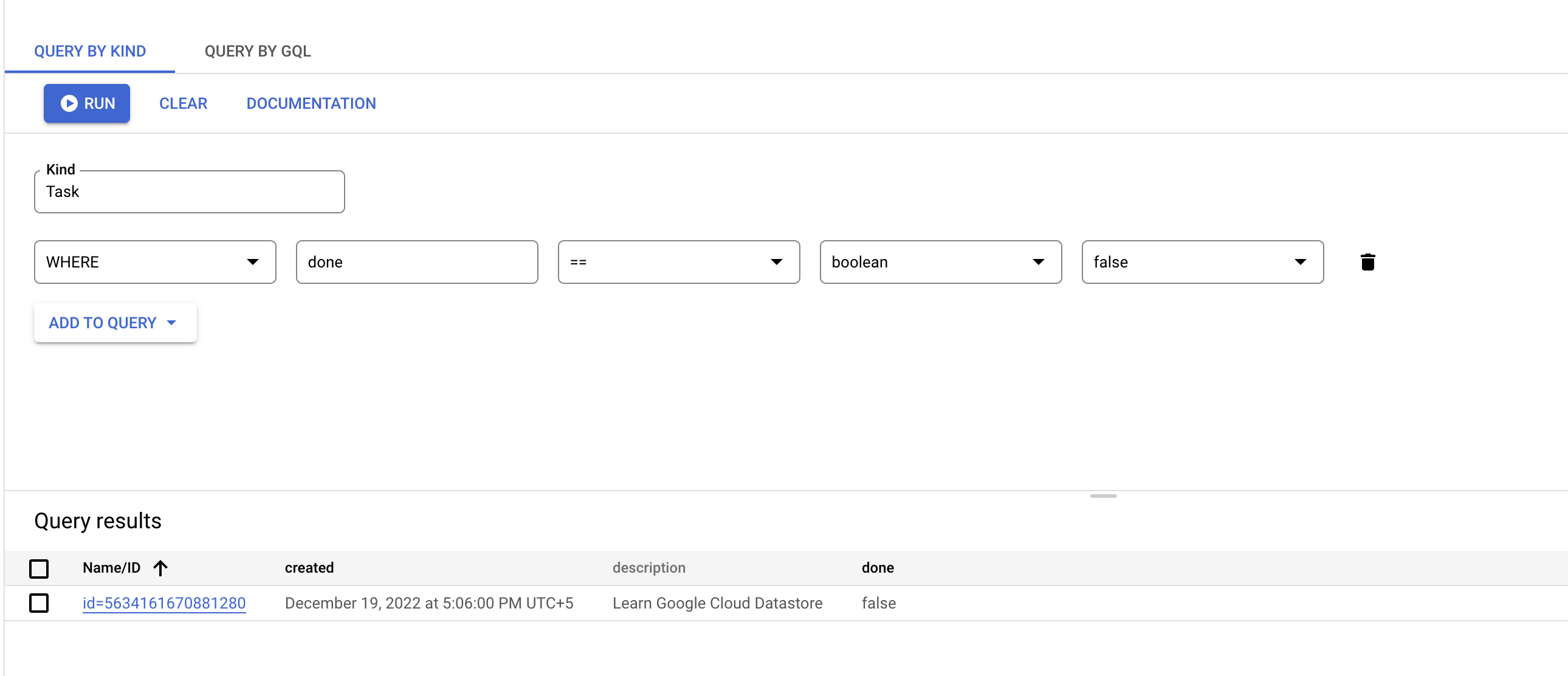 The task entity displays as false in the Query by kind tab.