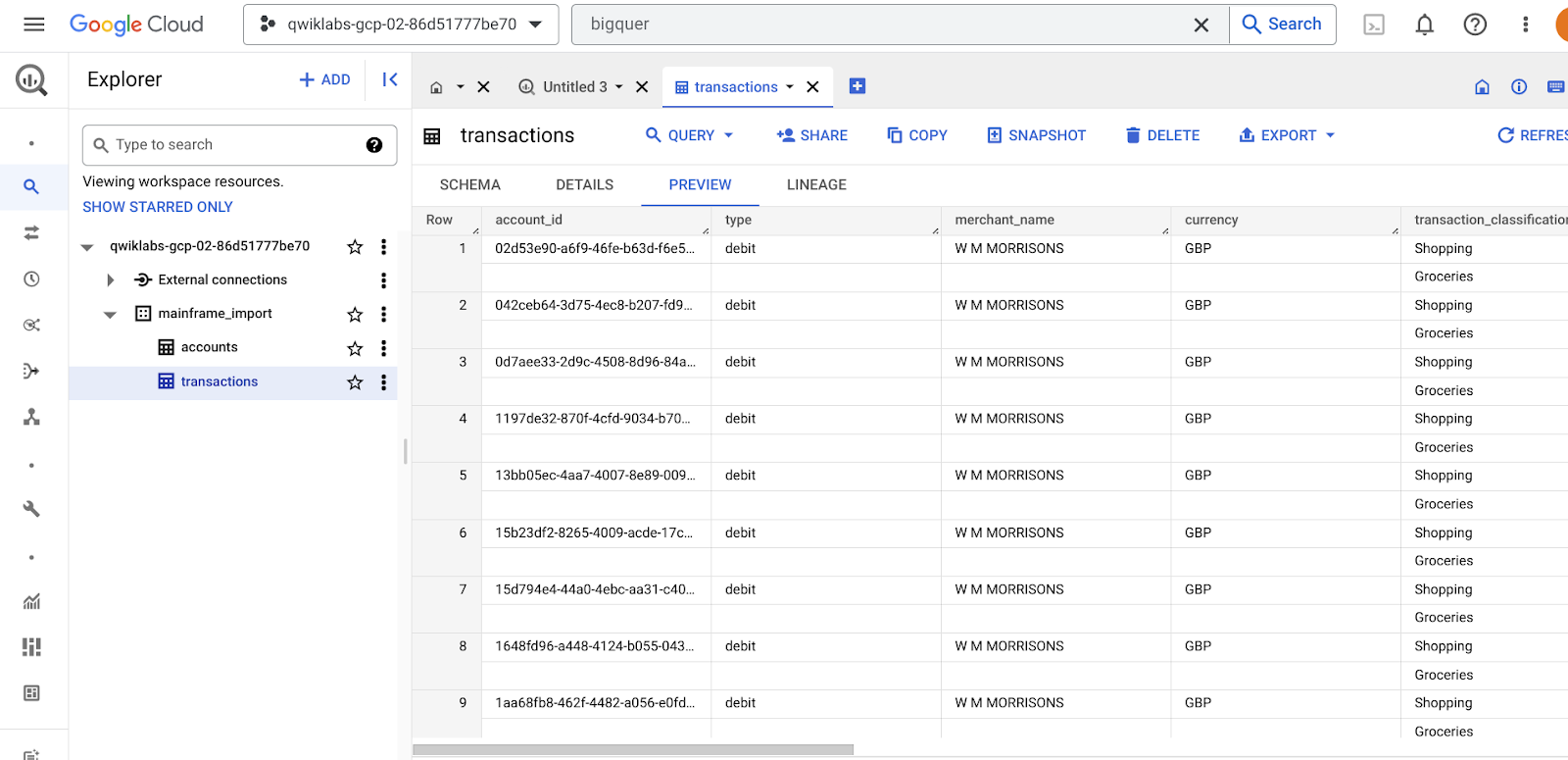 bigquey dataset: transactions