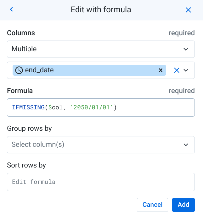 [Edit with formula] ボックス。[Formula] テキスト ボックスに数式が表示されている