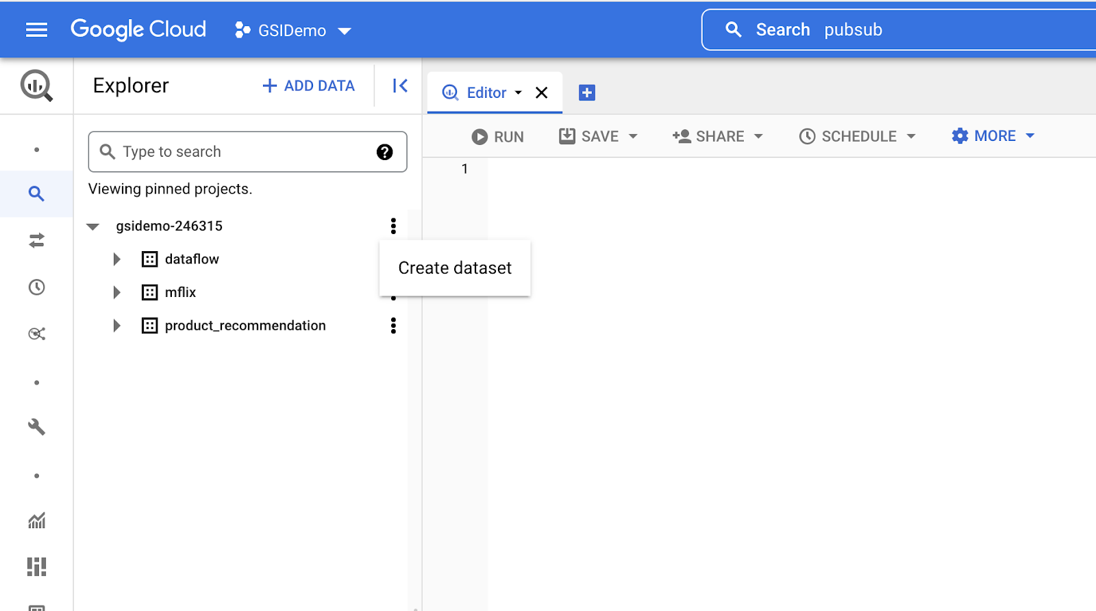 Create Dataset displayed in the Actions menu.