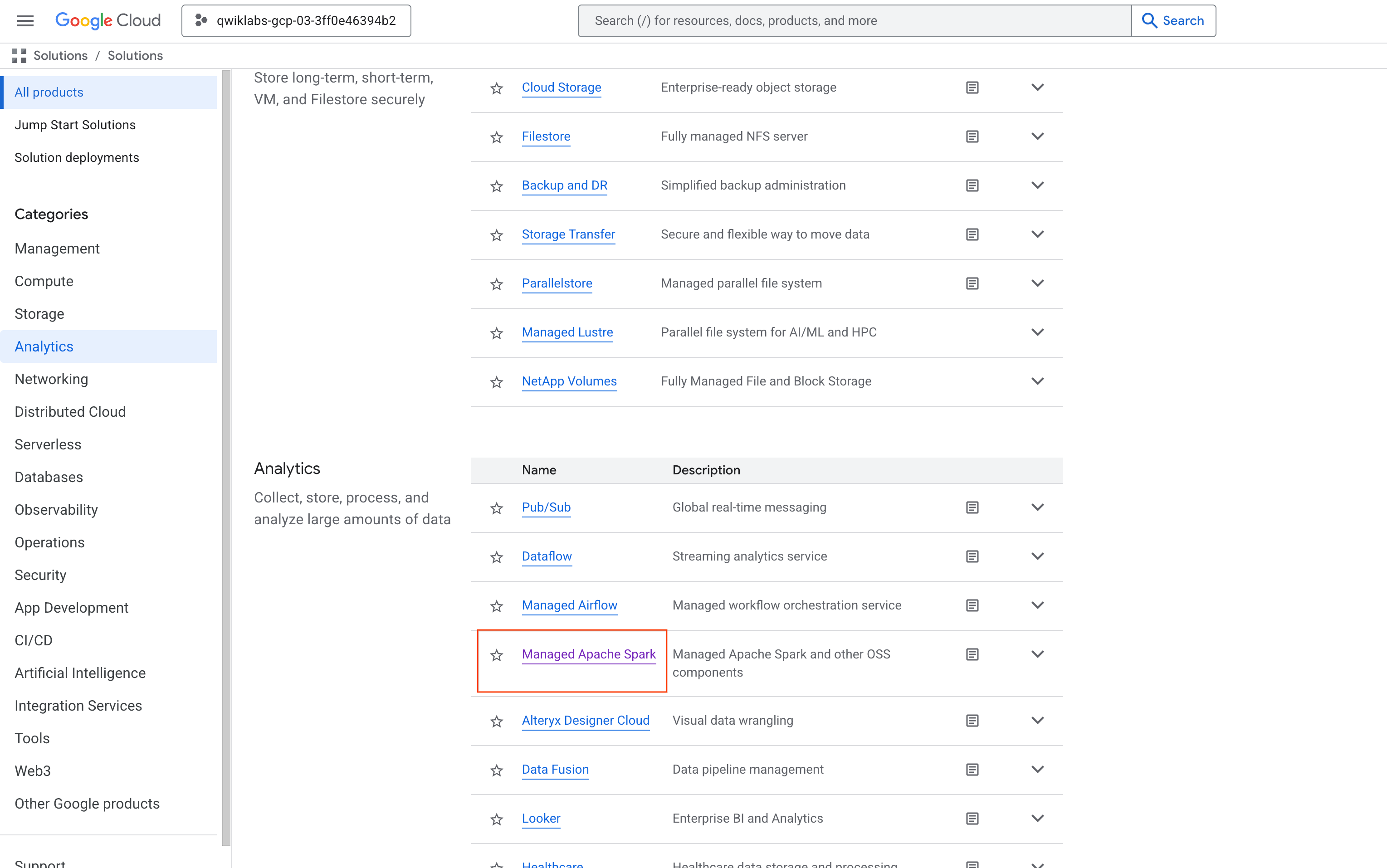 Expanded Navigation menu highlighting the Managed Apache Spark submenu and Cluster option