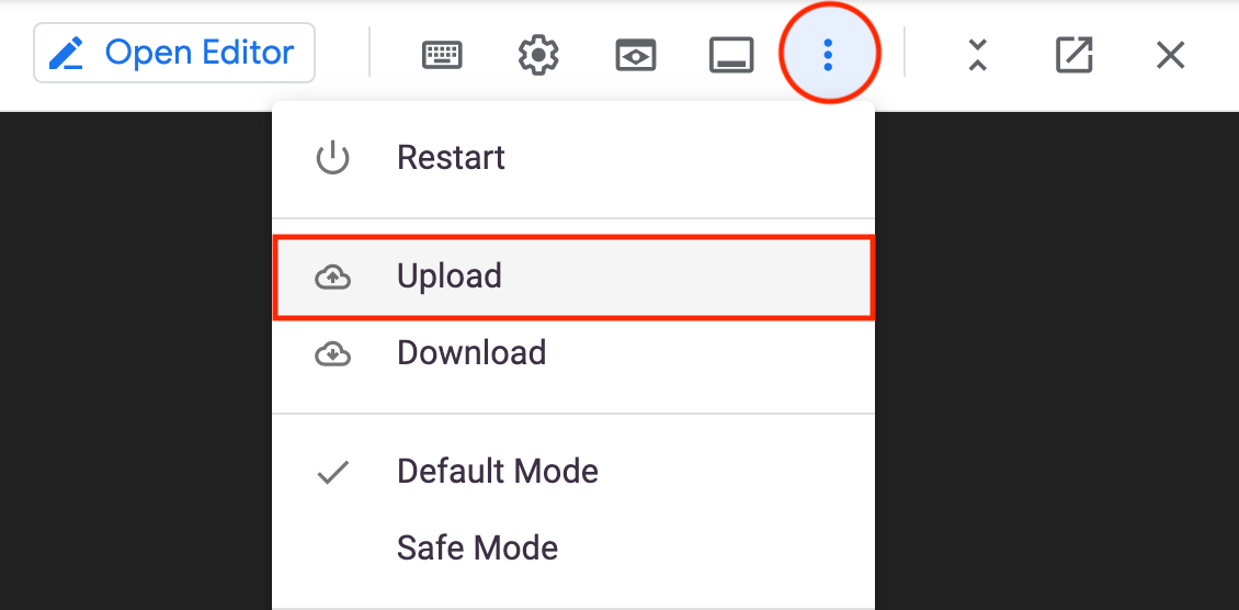 The More icon and the Upload option highlighted