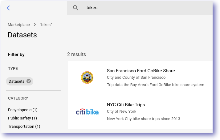 Datasets page displaying search results for the word bike