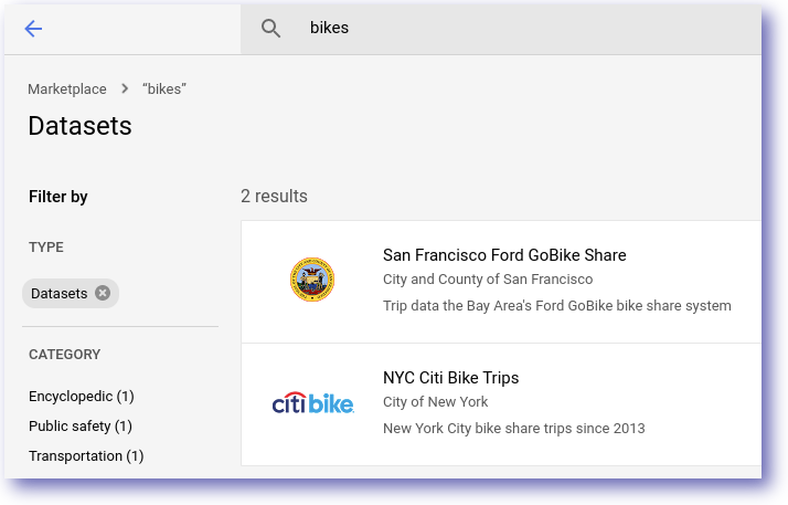 「bikes」という単語の検索結果が表示されているデータセット ページ