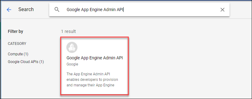 The highlighted Google App Engine Admin API result.