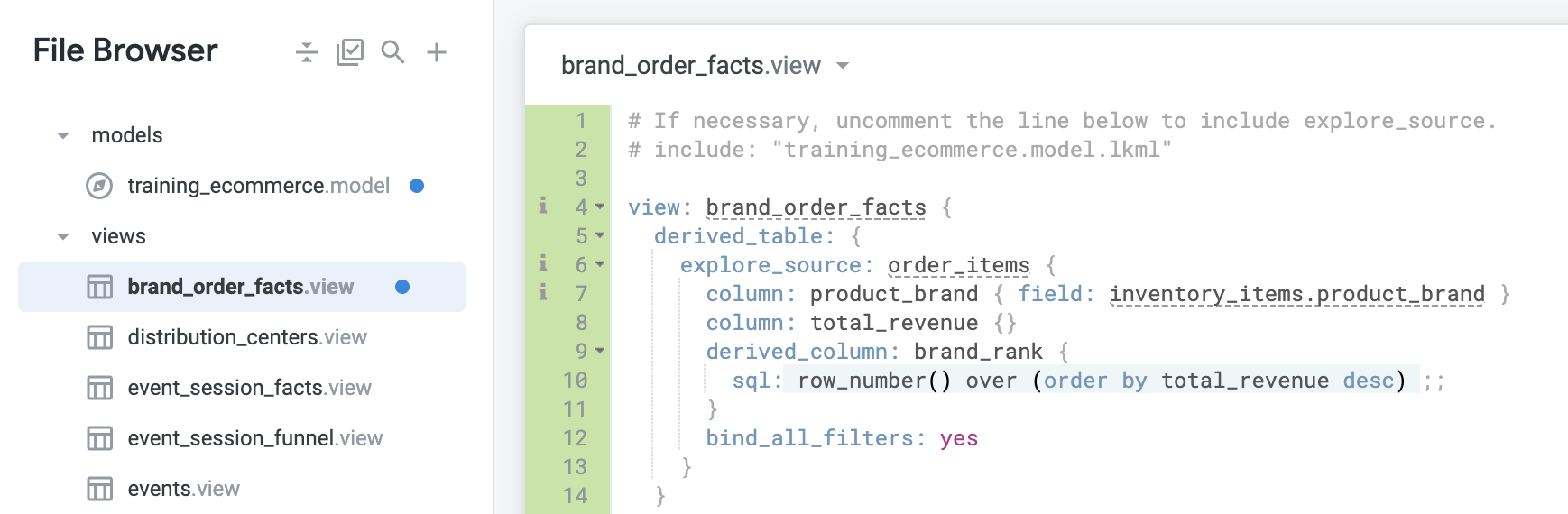 File browser page showing brand_order_facts.view code