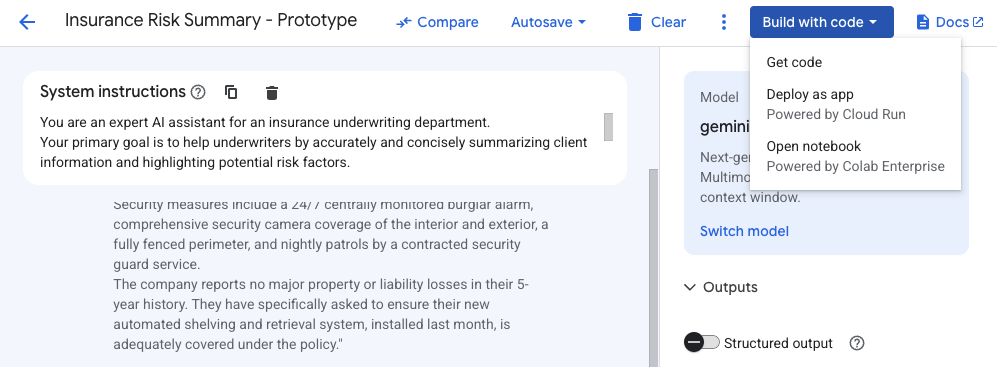 build with code button in Vertex AI prompt